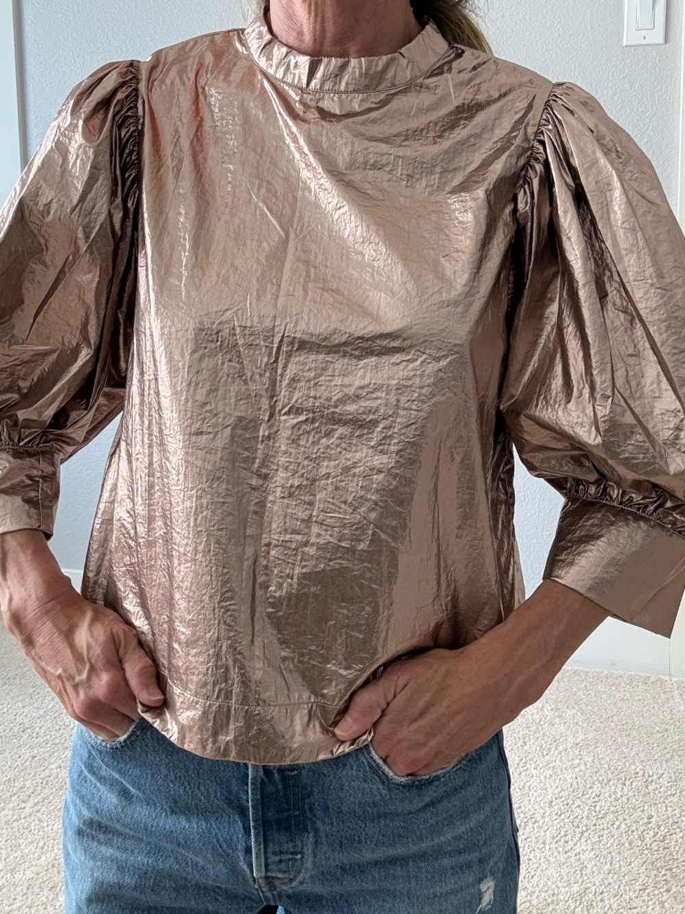 FARM Rio Metallic Rose Gold Puff Sleeve Blouse - Picture 2 of 9